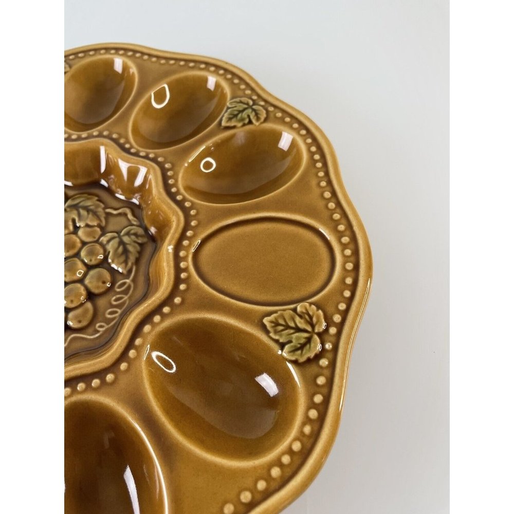 Brown Ceramic Egg Plate, Grape Leaf Center Tableware, Serving-ware, 9.5” - Picture 3 of 11